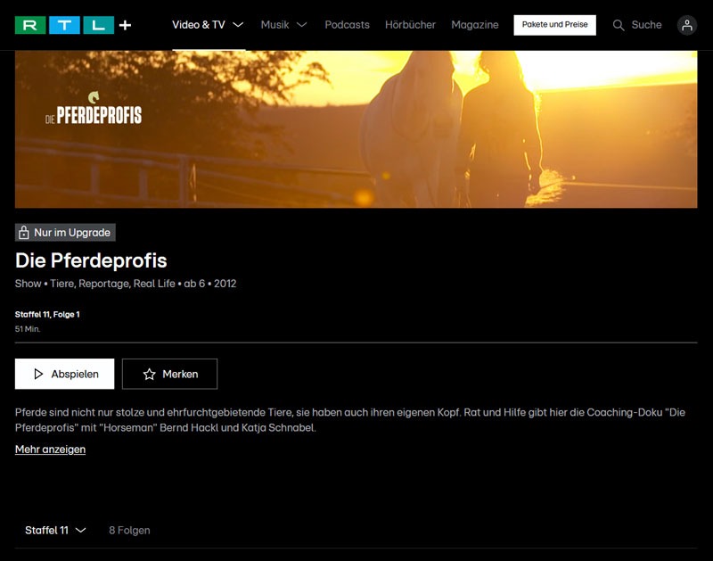 Screenshot der RTL Webseite zur Auswahl der Staffel Die Pferdeprofis